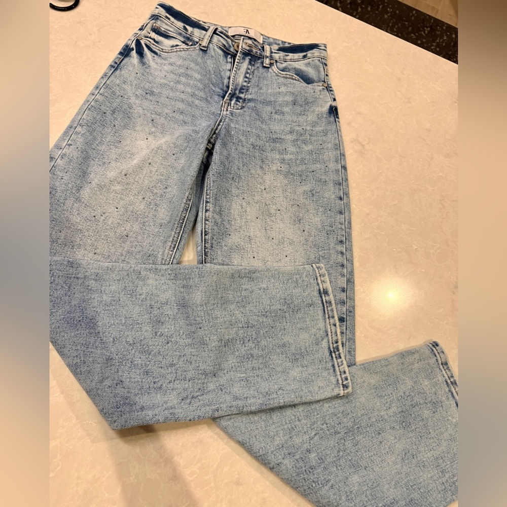 Flying Angel Women’s Rhinestone Bling Straight Leg Acid Wash Jeans